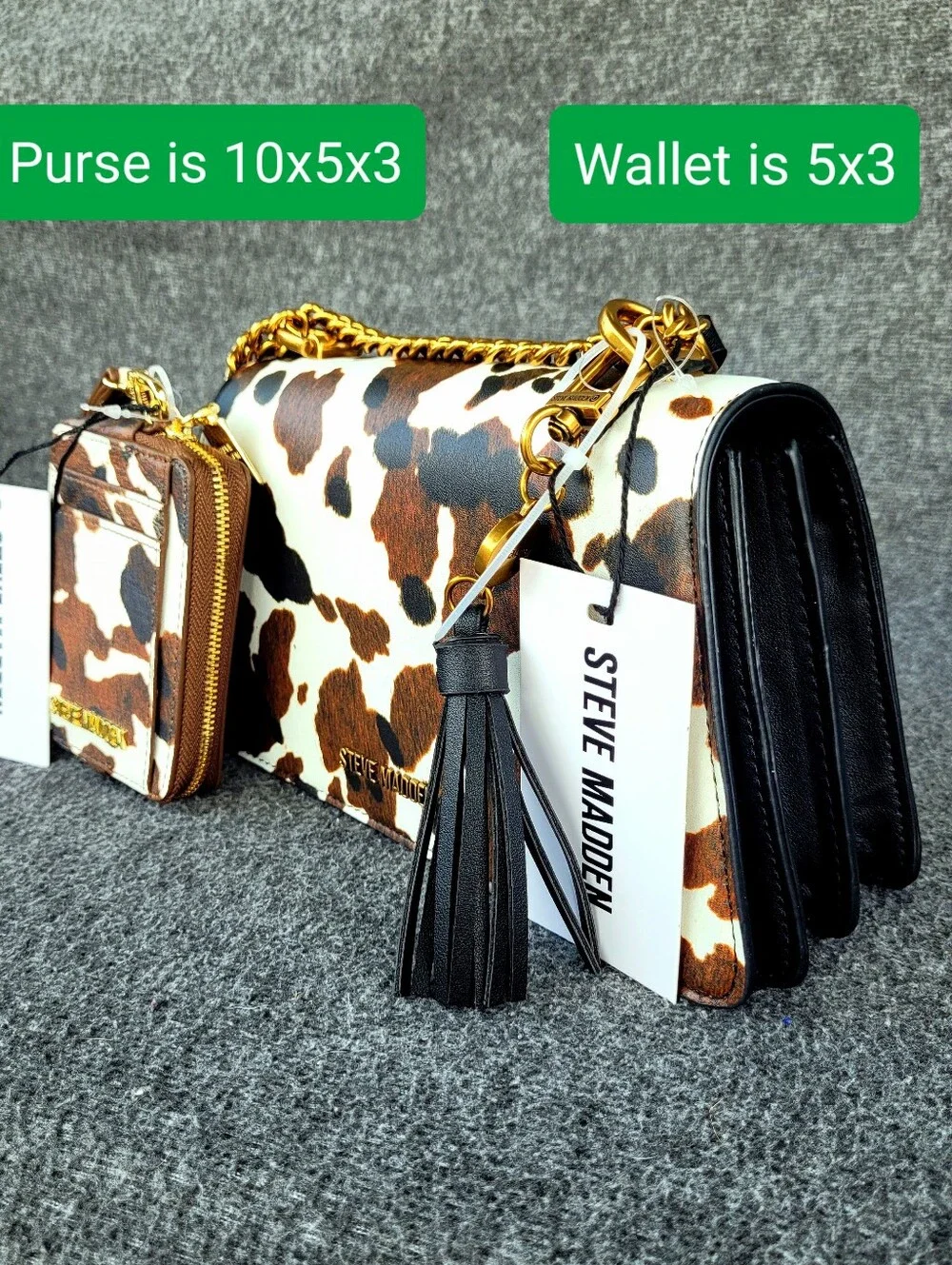 Steve Madden Cow Print Matching Shoulder Crossbody Handbag and Card Wallet Set